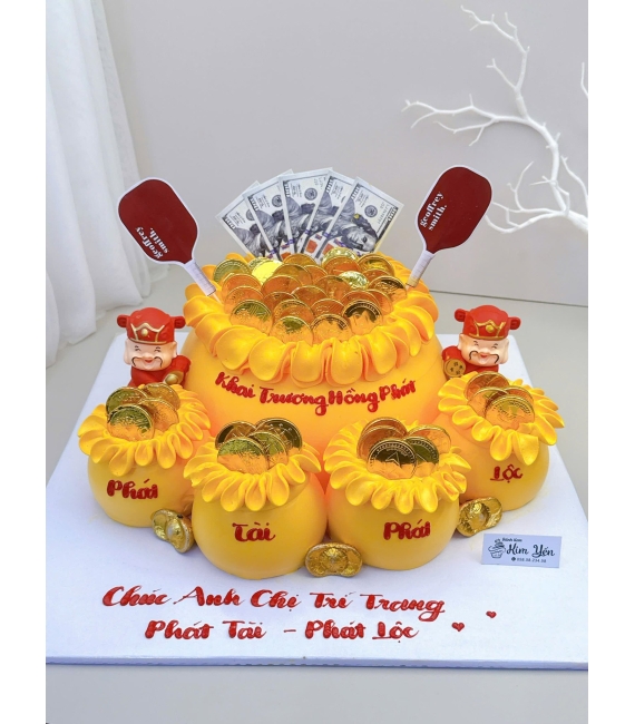 Bánh kem khai trương kèm túi bánh tiền nhỏ