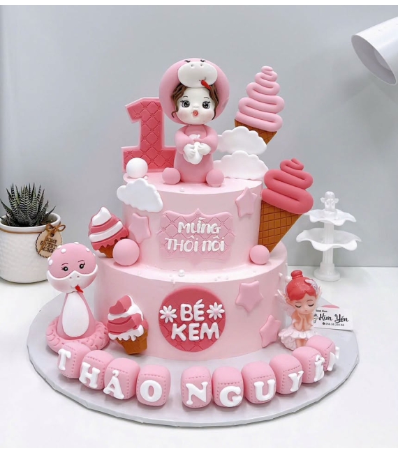 Bánh kem thôi nôi tone hồng cho bé gái cao cấp 2 tầng 