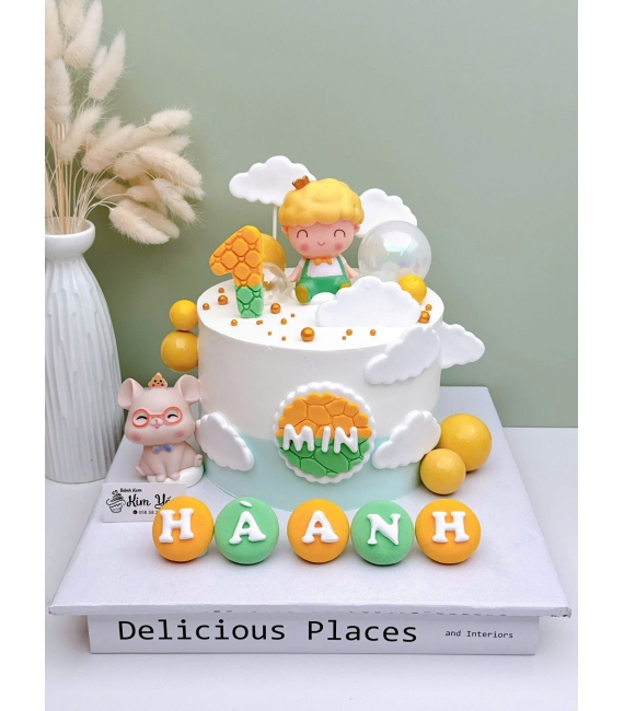 Bánh fondant thôi nôi dành cho bé trai ở tone nhẹ nhàng