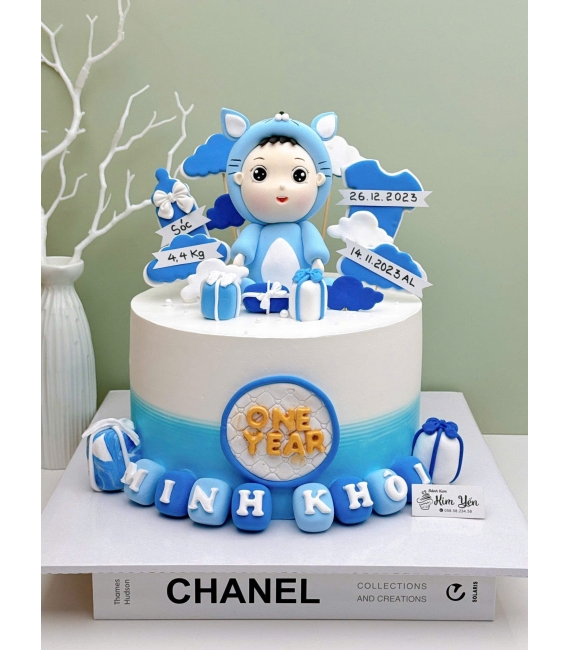 Bánh fondant thôi nôi dành cho bé trai tone xanh