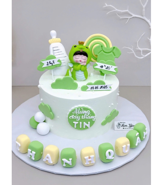 Bánh fondant thôi nôi dành cho bé trai tone xanh cây