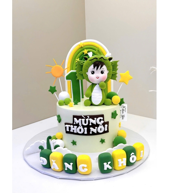 Bánh kem thôi nôi tạo tuổi tỵ dành cho bé trai tone xanh