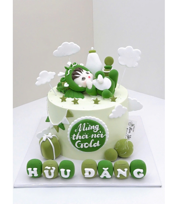 Bánh kem đầy tháng dành cho bé trai tone xanh cây