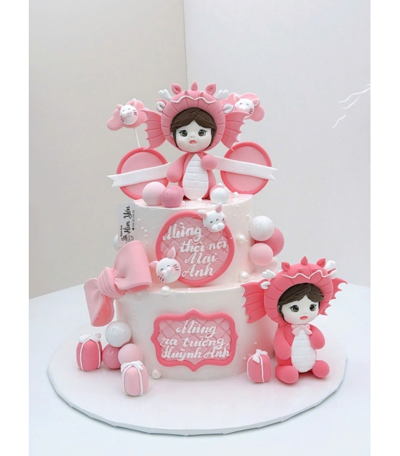 Bánh kem đầy tháng tone hồng dành cho bé gái 