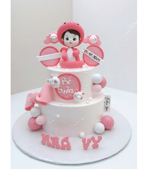 Bánh kem đầy tháng tone hồng tuổi tỵ dành cho bé gái
