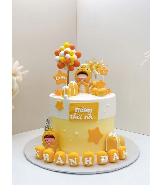Bánh kem thôi nôi bé trai tone vàng tuổi tỵ