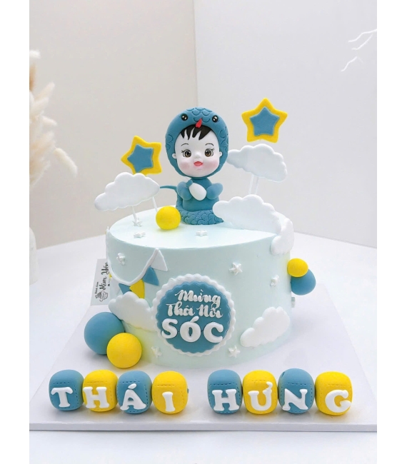 Bánh kem thôi nôi tuổi tỵ tone xanh màu đẹp pastel