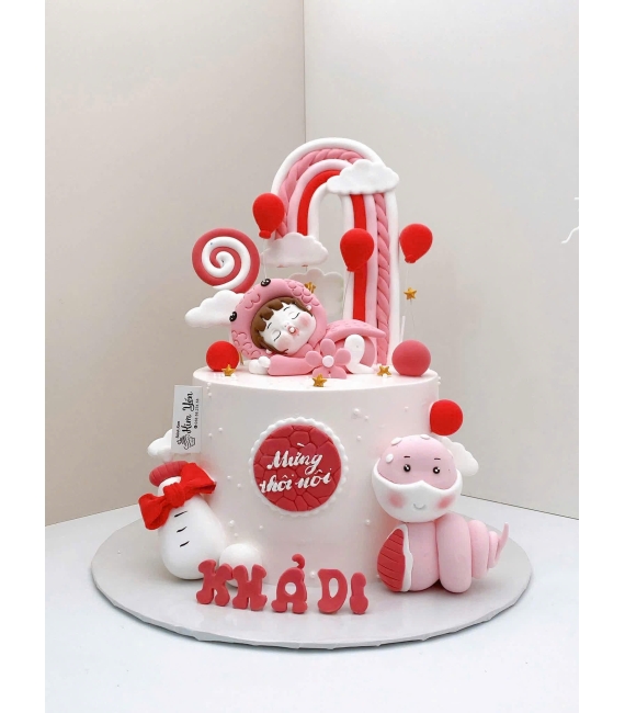 Bánh kem tuổi tỵ tone xanh dành cho bé gái tone xanh 