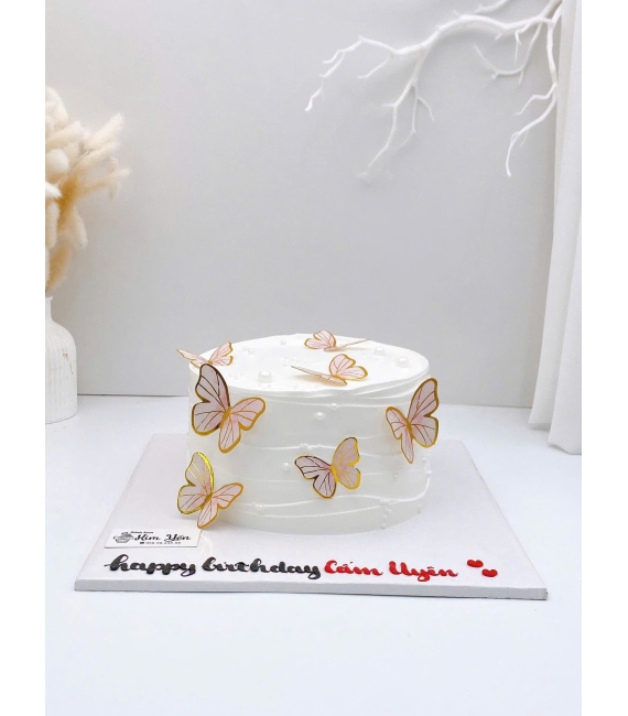 Bánh kem tặng sinh nhật kết hợp phụ kiện bướm tone hồng 