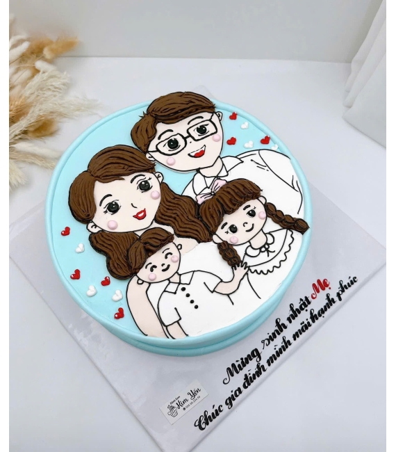 Bánh kem sinh nhật vẻ hình chibi gia đình 