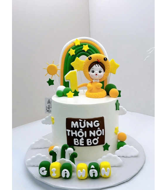 Bánh Kem tuổi tỵ tone xanh kết hợp vàng cho bé trai 
